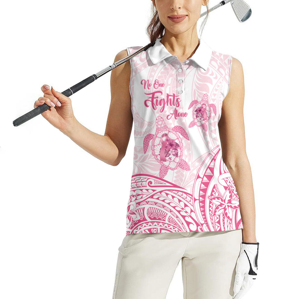 Personalised Polynesia Breast Cancer Support Women Sleeveless Polo Shirt No One Fights Alone Turtle Ribbon White