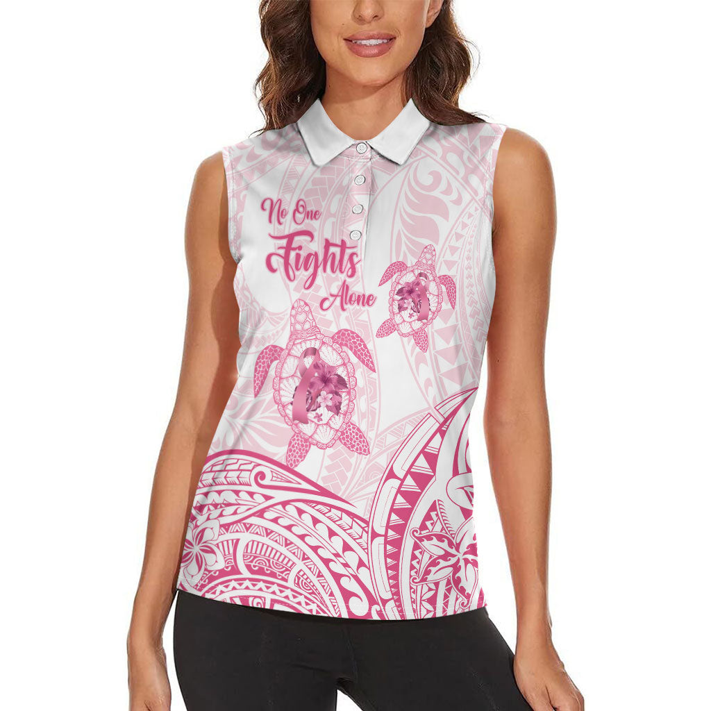 Personalised Polynesia Breast Cancer Support Women Sleeveless Polo Shirt No One Fights Alone Turtle Ribbon White