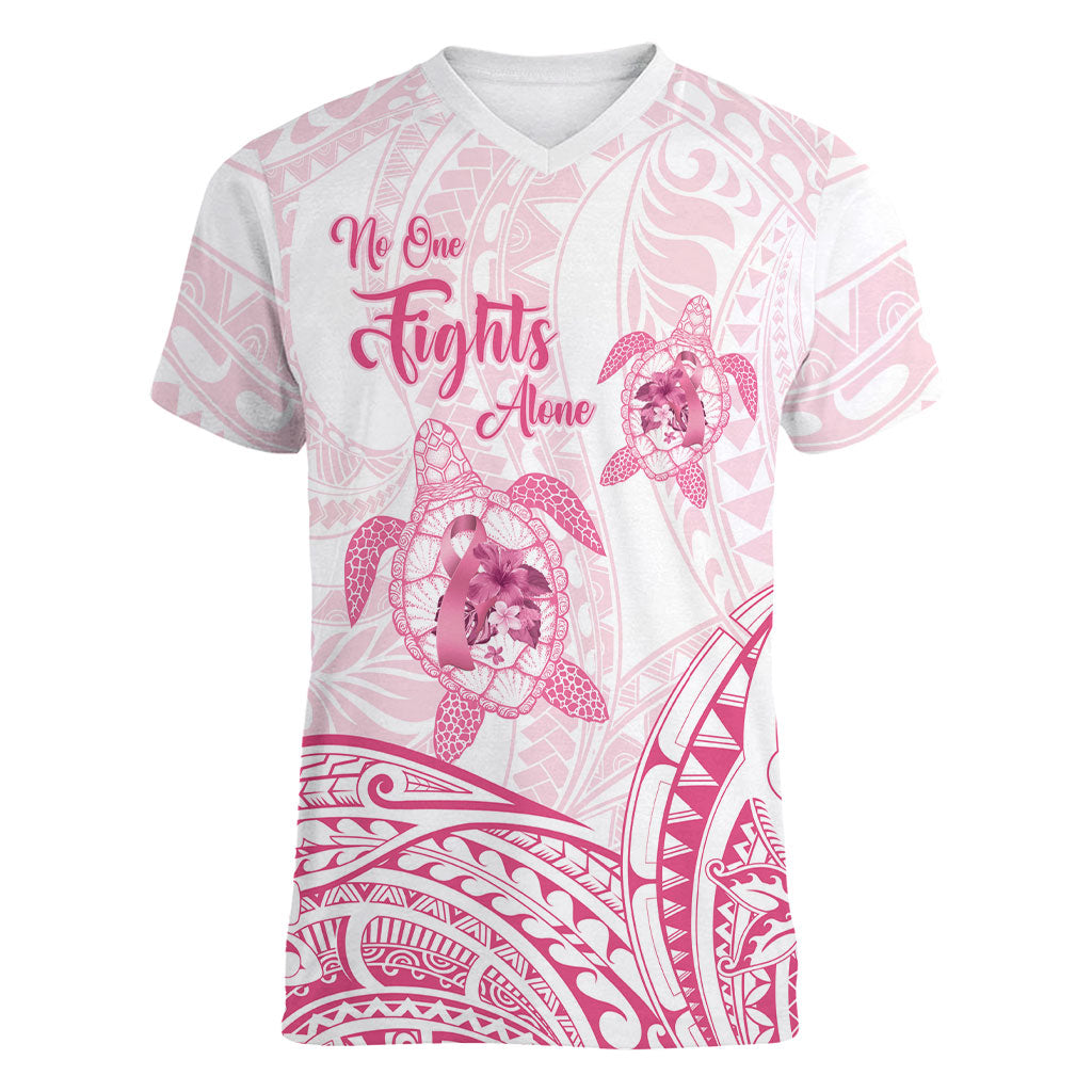 Personalised Polynesia Breast Cancer Support Women V-Neck T-Shirt No One Fights Alone Turtle Ribbon White