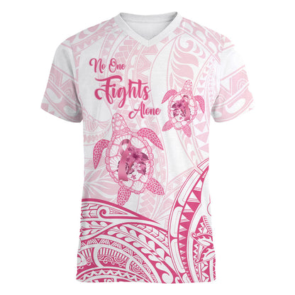 Personalised Polynesia Breast Cancer Support Women V-Neck T-Shirt No One Fights Alone Turtle Ribbon White