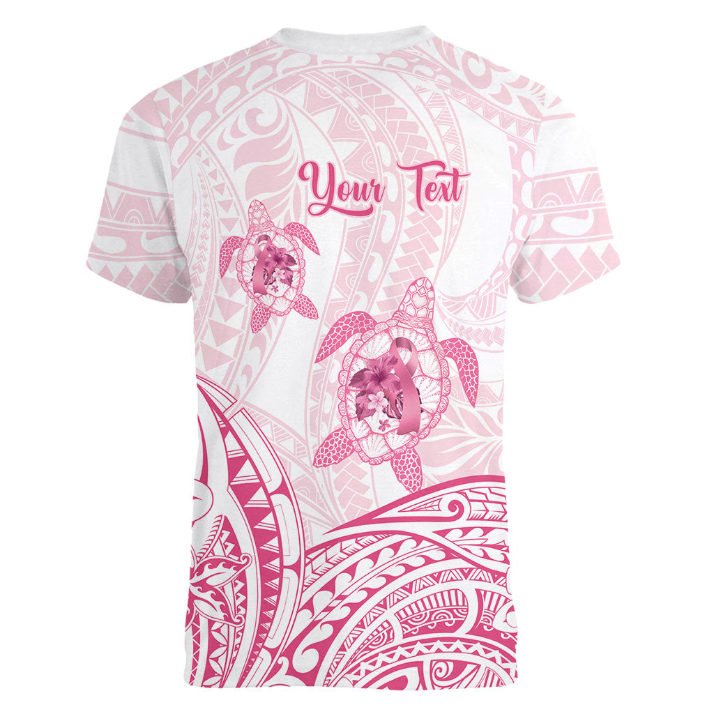 Personalised Polynesia Breast Cancer Support Women V-Neck T-Shirt No One Fights Alone Turtle Ribbon White