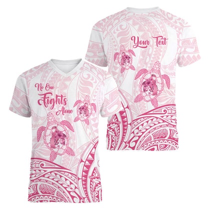 Personalised Polynesia Breast Cancer Support Women V-Neck T-Shirt No One Fights Alone Turtle Ribbon White
