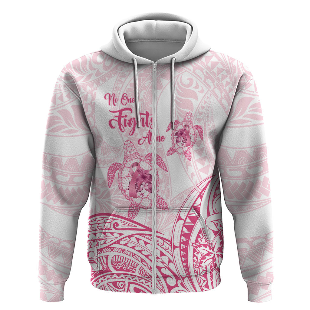 Personalised Polynesia Breast Cancer Support Zip Hoodie No One Fights Alone Turtle Ribbon White