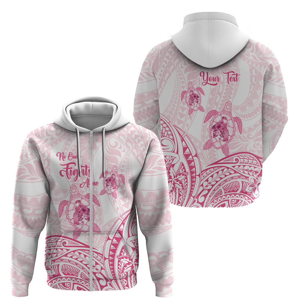 Personalised Polynesia Breast Cancer Support Zip Hoodie No One Fights Alone Turtle Ribbon White