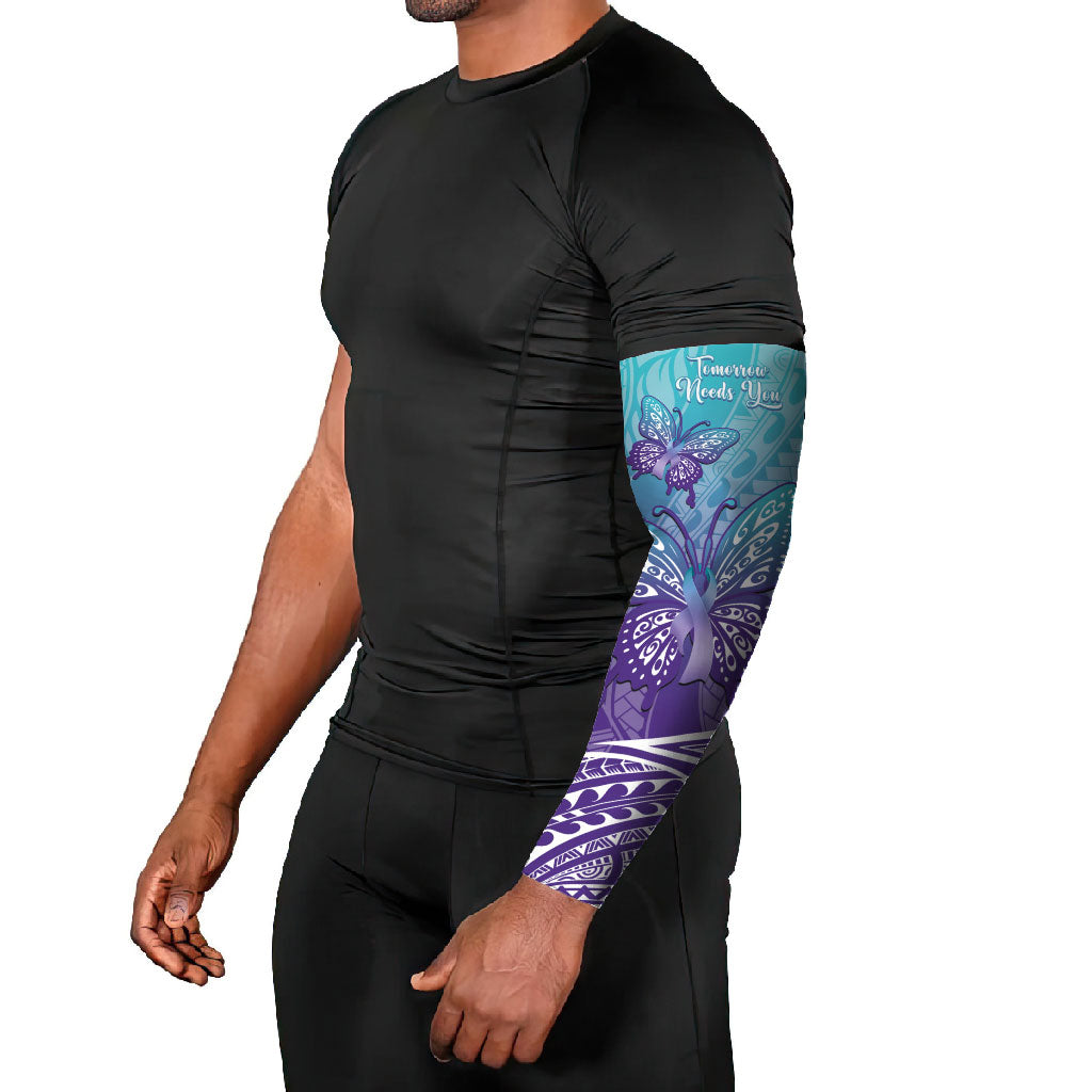Polynesia Suicide Prevention Month Arm Sleeves Butterfly Purple And Teal Ribbon Tomorrow Needs You