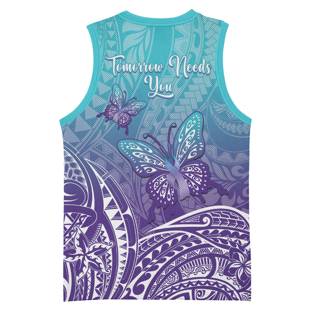 Polynesia Suicide Prevention Month Basketball Jersey Butterfly Purple And Teal Ribbon Tomorrow Needs You