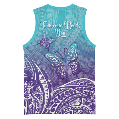 Polynesia Suicide Prevention Month Basketball Jersey Butterfly Purple And Teal Ribbon Tomorrow Needs You