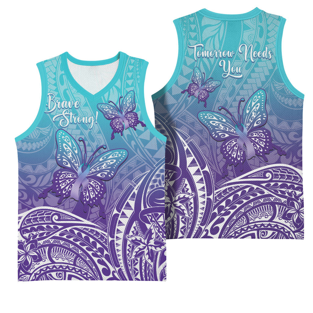 Polynesia Suicide Prevention Month Basketball Jersey Butterfly Purple And Teal Ribbon Tomorrow Needs You