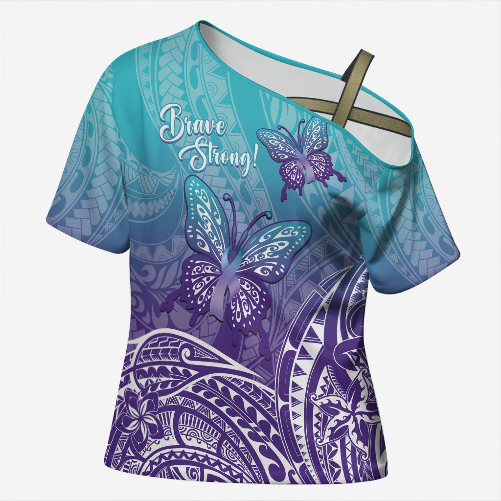 Polynesia Suicide Prevention Month Cross Shoulder Shirt Butterfly Purple And Teal Ribbon Tomorrow Needs You