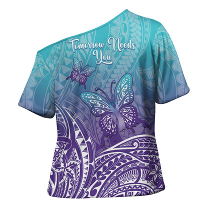 Polynesia Suicide Prevention Month Cross Shoulder Shirt Butterfly Purple And Teal Ribbon Tomorrow Needs You