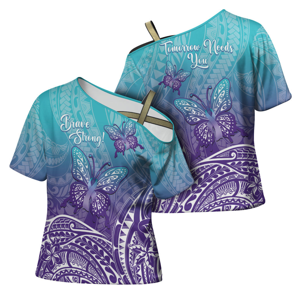 Polynesia Suicide Prevention Month Cross Shoulder Shirt Butterfly Purple And Teal Ribbon Tomorrow Needs You