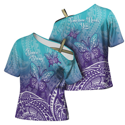 Polynesia Suicide Prevention Month Cross Shoulder Shirt Butterfly Purple And Teal Ribbon Tomorrow Needs You