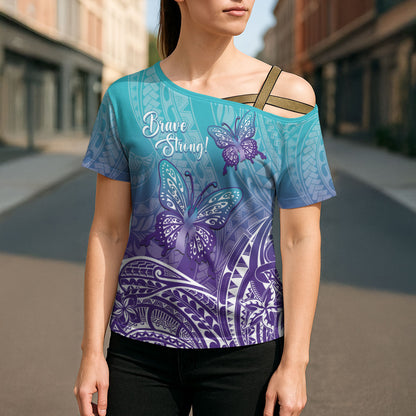 Polynesia Suicide Prevention Month Cross Shoulder Shirt Butterfly Purple And Teal Ribbon Tomorrow Needs You