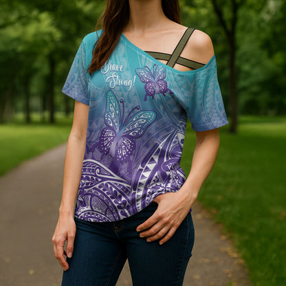 Polynesia Suicide Prevention Month Cross Shoulder Shirt Butterfly Purple And Teal Ribbon Tomorrow Needs You