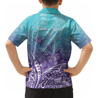 Polynesia Suicide Prevention Month Hawaiian Shirt Butterfly Purple And Teal Ribbon Tomorrow Needs You