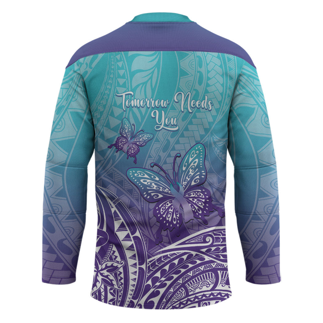 Polynesia Suicide Prevention Month Hockey Jersey Butterfly Purple And Teal Ribbon Tomorrow Needs You