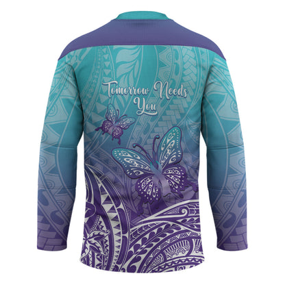Polynesia Suicide Prevention Month Hockey Jersey Butterfly Purple And Teal Ribbon Tomorrow Needs You