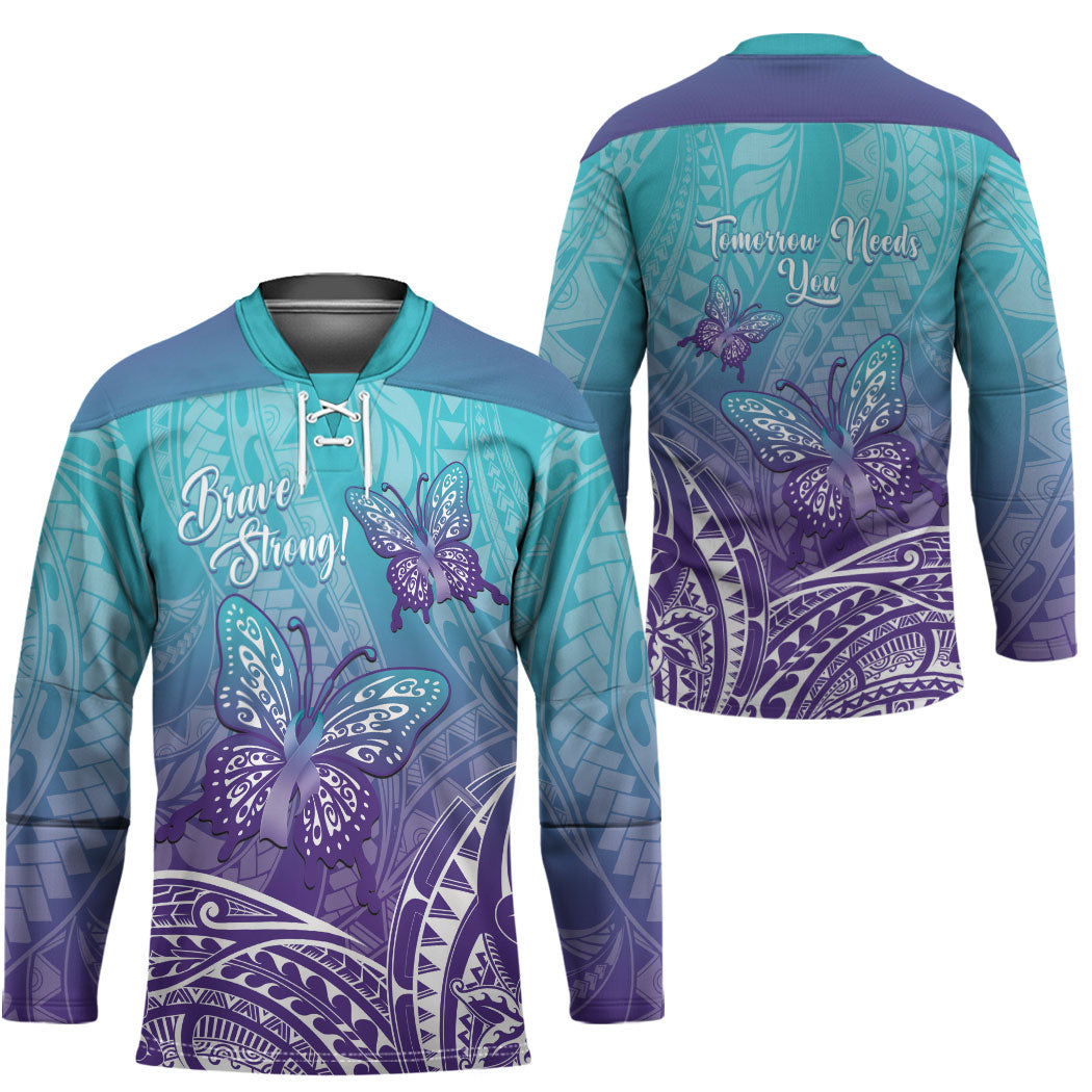 Polynesia Suicide Prevention Month Hockey Jersey Butterfly Purple And Teal Ribbon Tomorrow Needs You