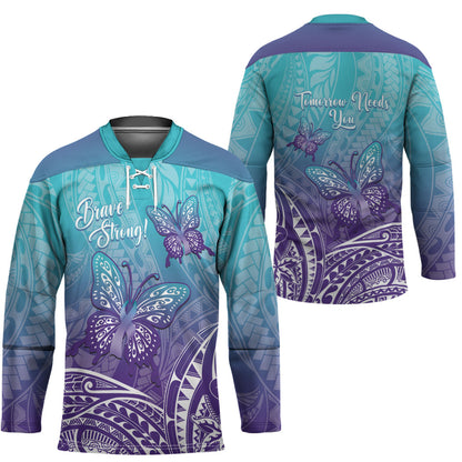 Polynesia Suicide Prevention Month Hockey Jersey Butterfly Purple And Teal Ribbon Tomorrow Needs You