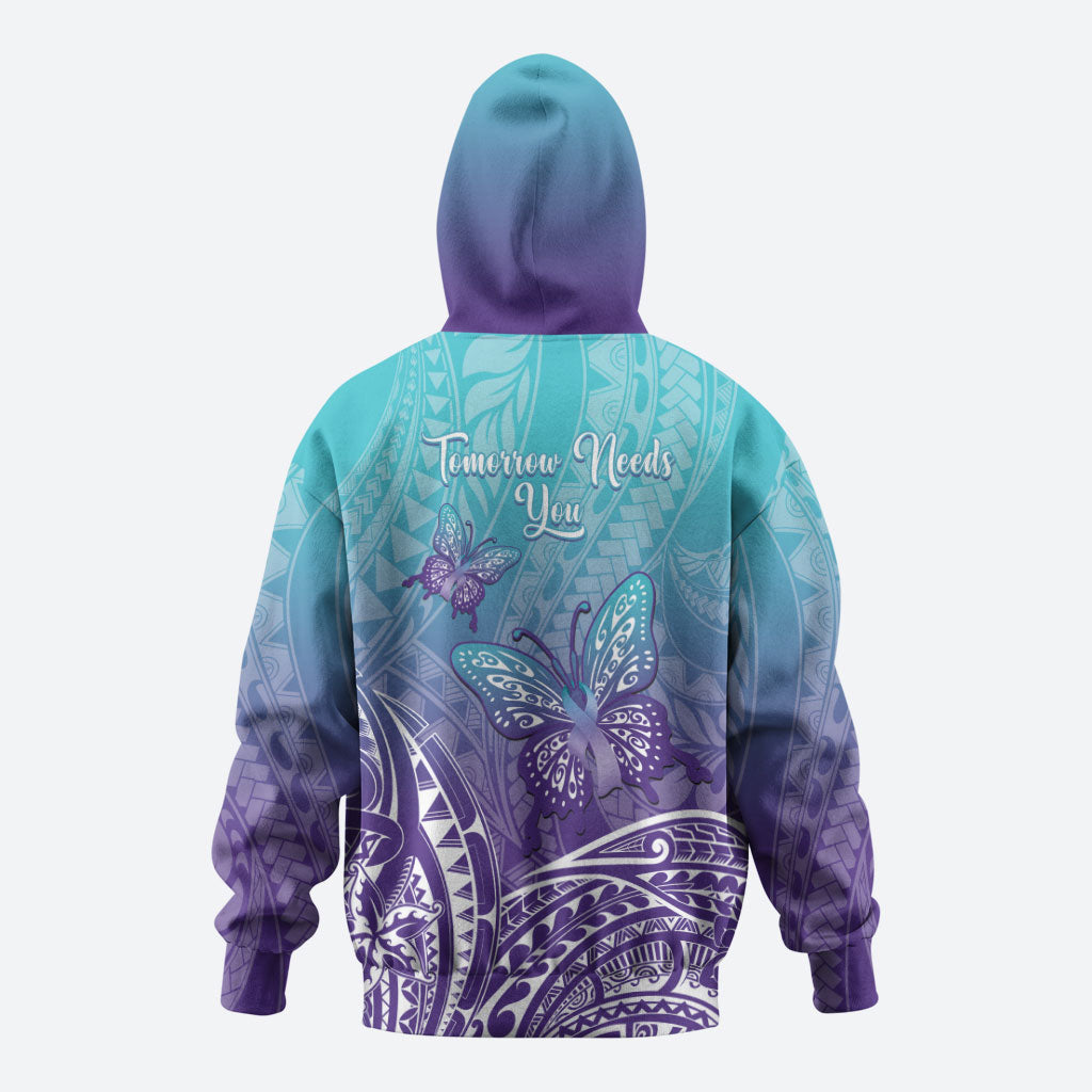 Polynesia Suicide Prevention Month Hoodie Butterfly Purple And Teal Ribbon Tomorrow Needs You
