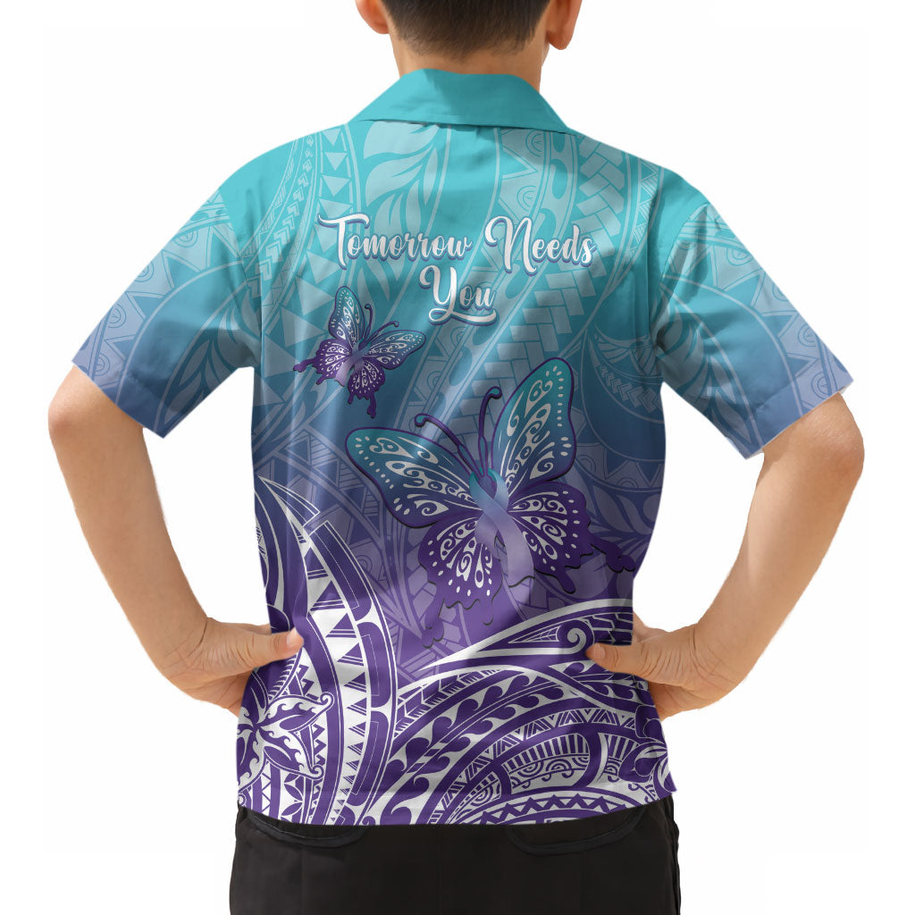 Polynesia Suicide Prevention Month Kid Hawaiian Shirt Butterfly Purple And Teal Ribbon Tomorrow Needs You