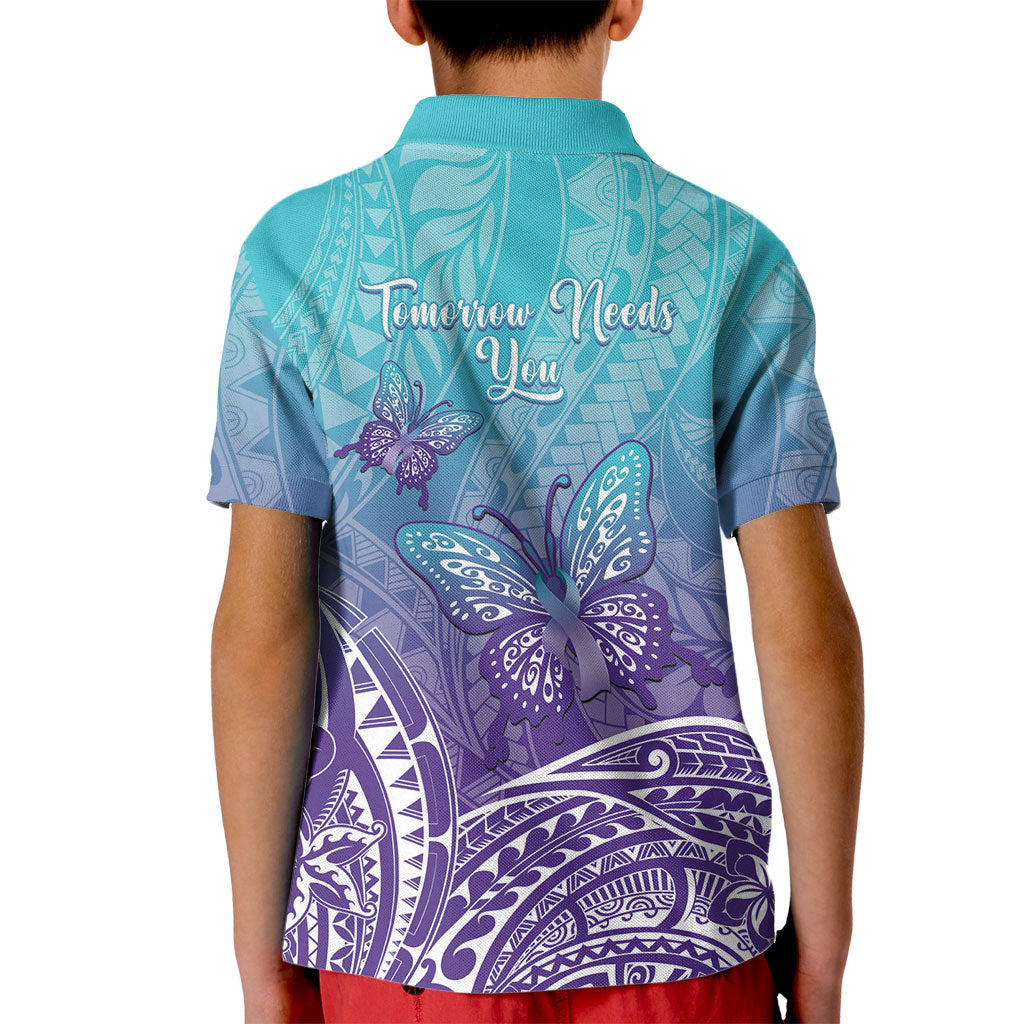 Polynesia Suicide Prevention Month Kid Polo Shirt Butterfly Purple And Teal Ribbon Tomorrow Needs You