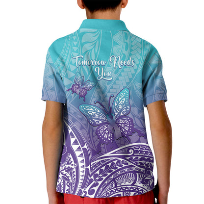 Polynesia Suicide Prevention Month Kid Polo Shirt Butterfly Purple And Teal Ribbon Tomorrow Needs You