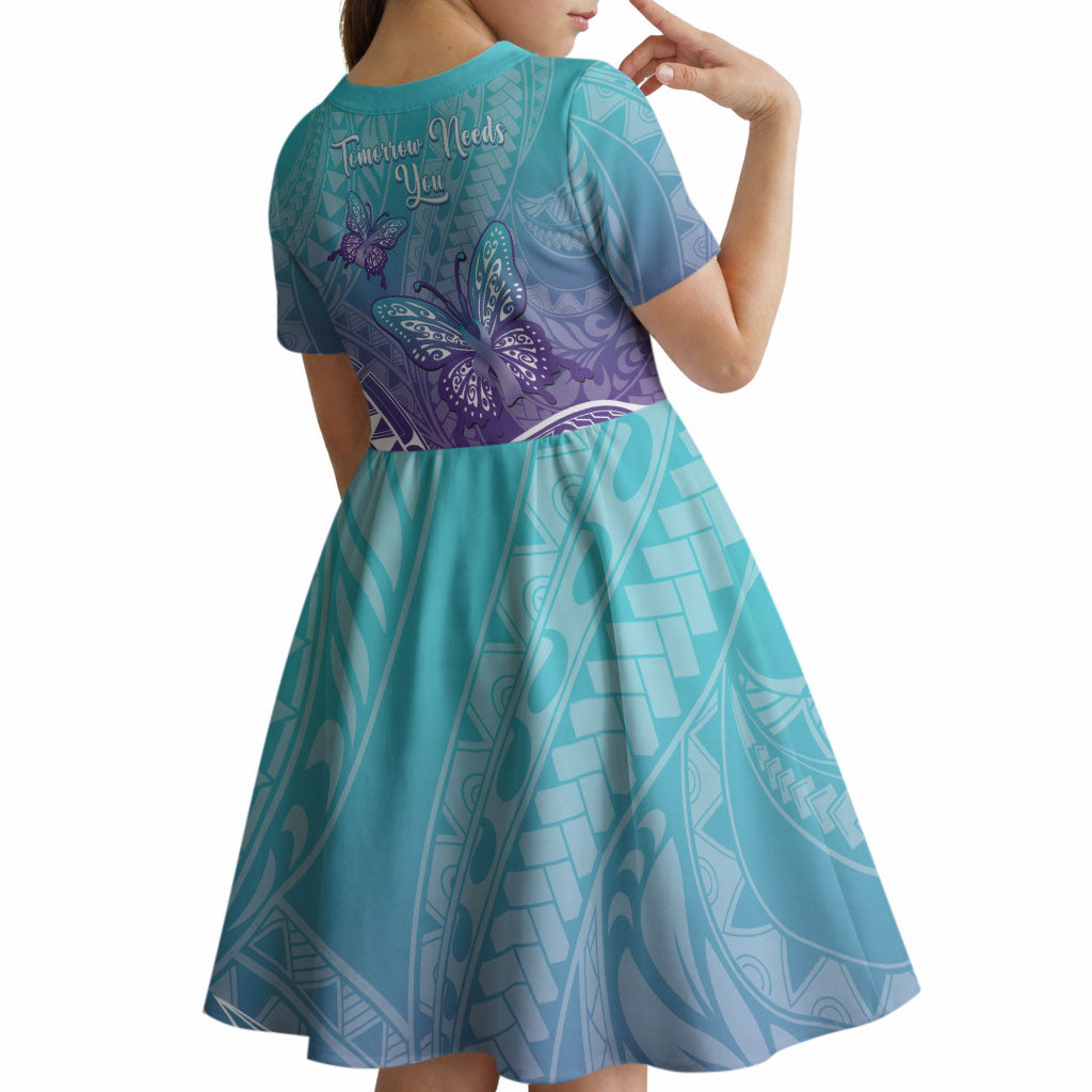 Polynesia Suicide Prevention Month Kid Short Sleeve Dress Butterfly Purple And Teal Ribbon Tomorrow Needs You
