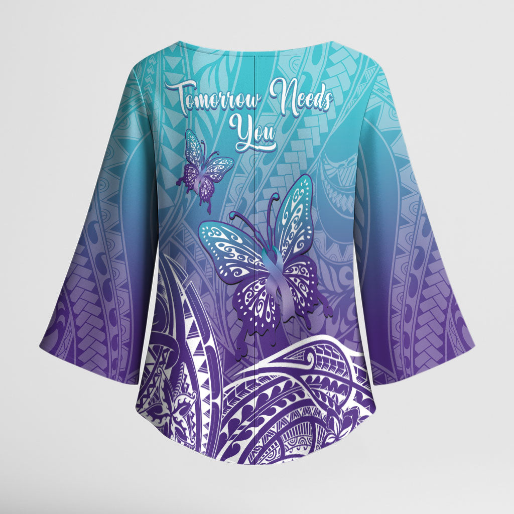 Polynesia Suicide Prevention Month Kimono Sleeve Blouse Butterfly Purple And Teal Ribbon Tomorrow Needs You