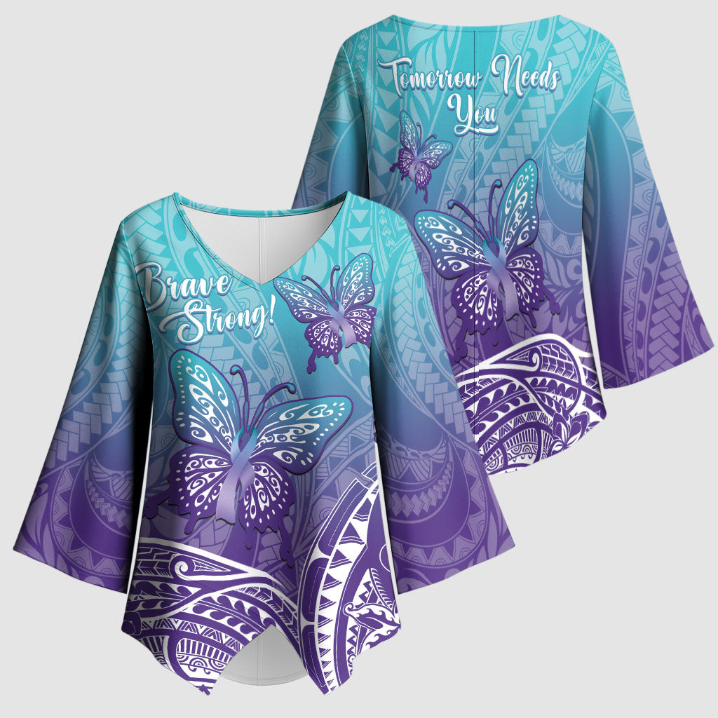 Polynesia Suicide Prevention Month Kimono Sleeve Blouse Butterfly Purple And Teal Ribbon Tomorrow Needs You