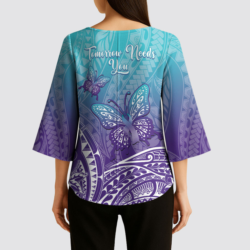 Polynesia Suicide Prevention Month Kimono Sleeve Blouse Butterfly Purple And Teal Ribbon Tomorrow Needs You