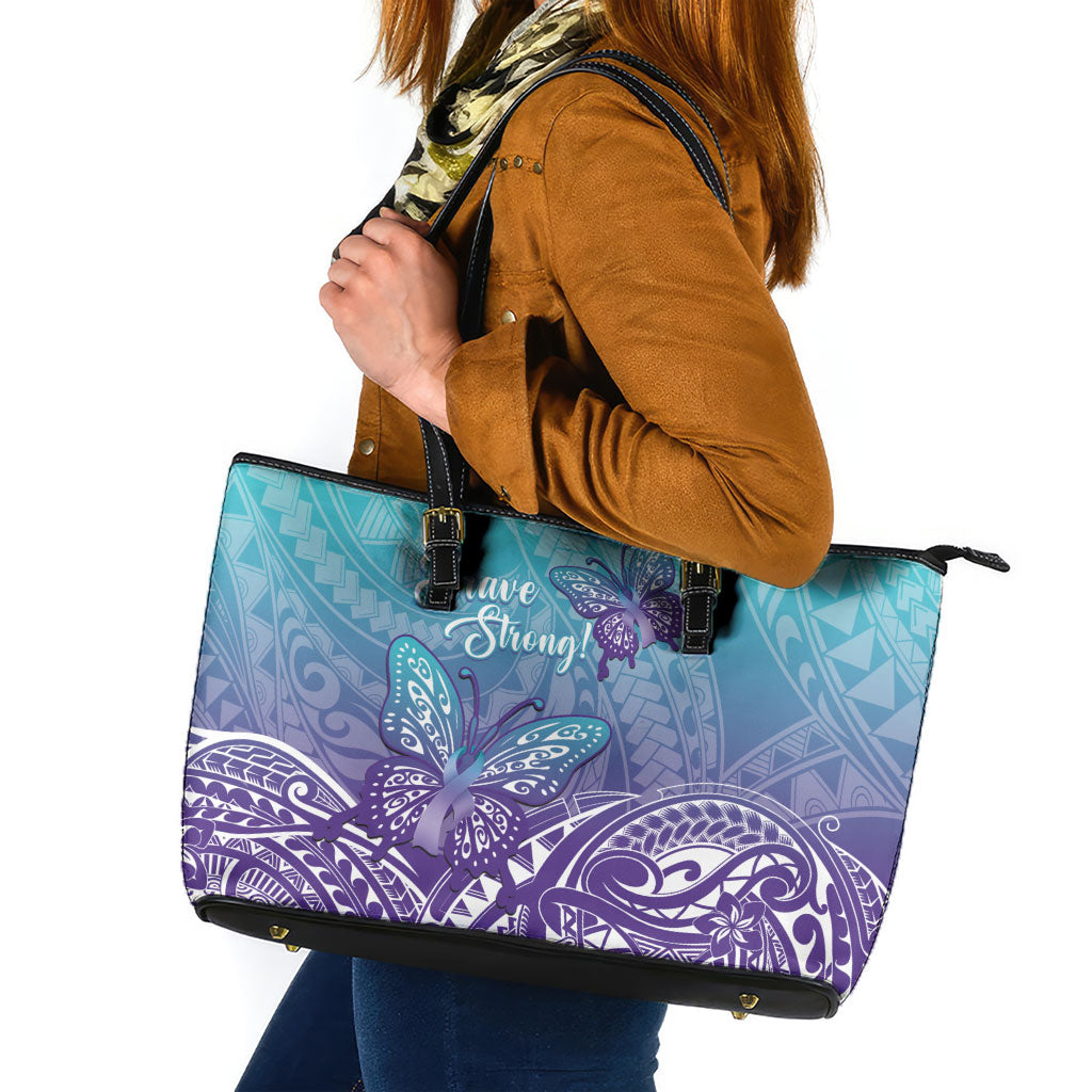 Polynesia Suicide Prevention Month Leather Tote Bag Butterfly Purple And Teal Ribbon Tomorrow Needs You