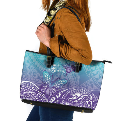 Polynesia Suicide Prevention Month Leather Tote Bag Butterfly Purple And Teal Ribbon Tomorrow Needs You