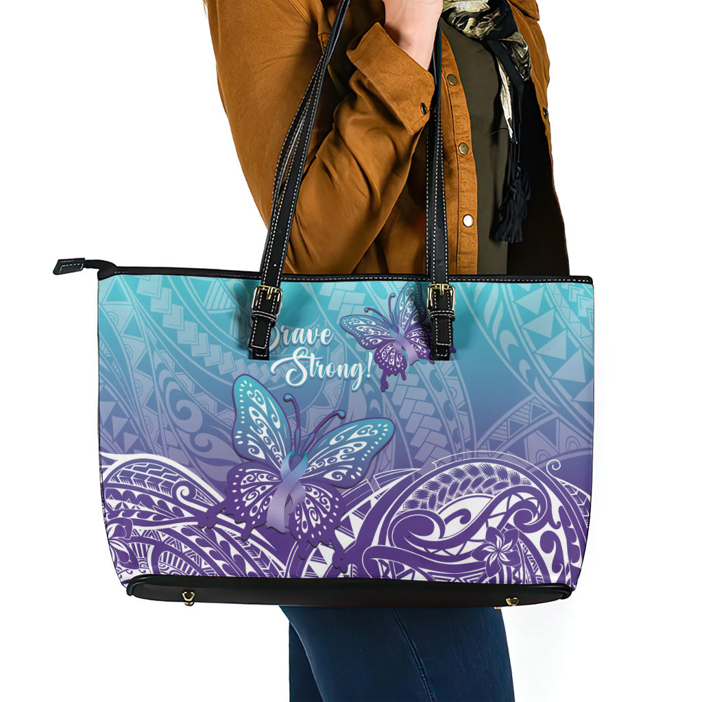 Polynesia Suicide Prevention Month Leather Tote Bag Butterfly Purple And Teal Ribbon Tomorrow Needs You