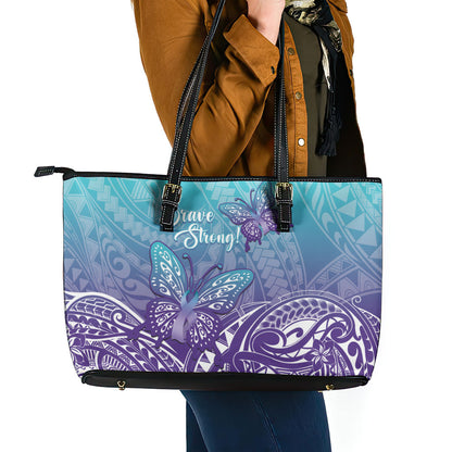 Polynesia Suicide Prevention Month Leather Tote Bag Butterfly Purple And Teal Ribbon Tomorrow Needs You