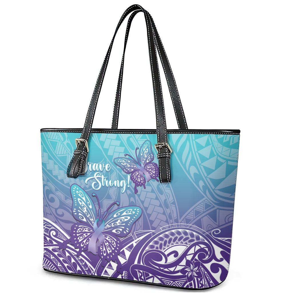 Polynesia Suicide Prevention Month Leather Tote Bag Butterfly Purple And Teal Ribbon Tomorrow Needs You