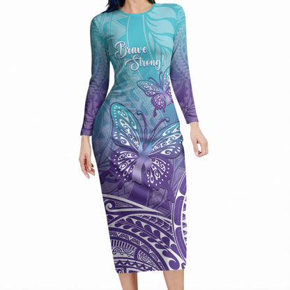 Polynesia Suicide Prevention Month Long Sleeve Bodycon Dress Butterfly Purple And Teal Ribbon Tomorrow Needs You