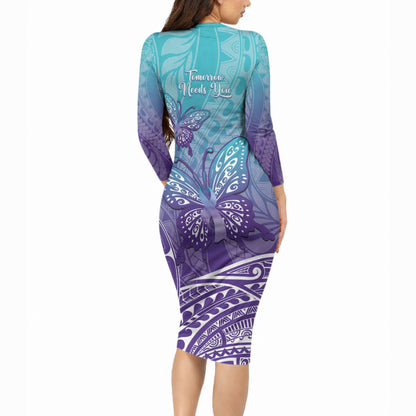 Polynesia Suicide Prevention Month Long Sleeve Bodycon Dress Butterfly Purple And Teal Ribbon Tomorrow Needs You