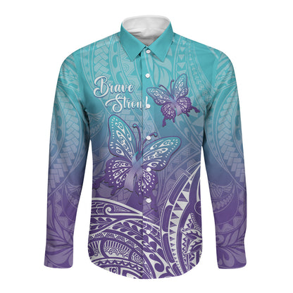 Polynesia Suicide Prevention Month Long Sleeve Button Shirt Butterfly Purple And Teal Ribbon Tomorrow Needs You