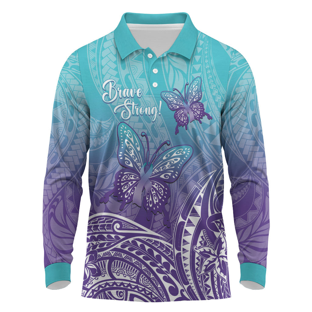 Polynesia Suicide Prevention Month Long Sleeve Polo Shirt Butterfly Purple And Teal Ribbon Tomorrow Needs You