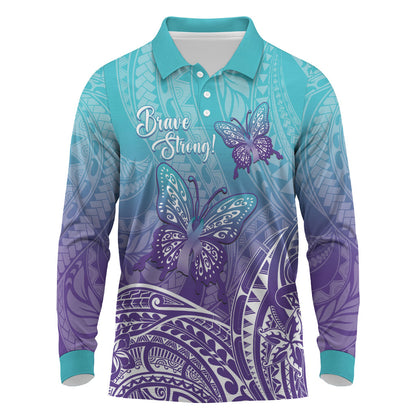 Polynesia Suicide Prevention Month Long Sleeve Polo Shirt Butterfly Purple And Teal Ribbon Tomorrow Needs You