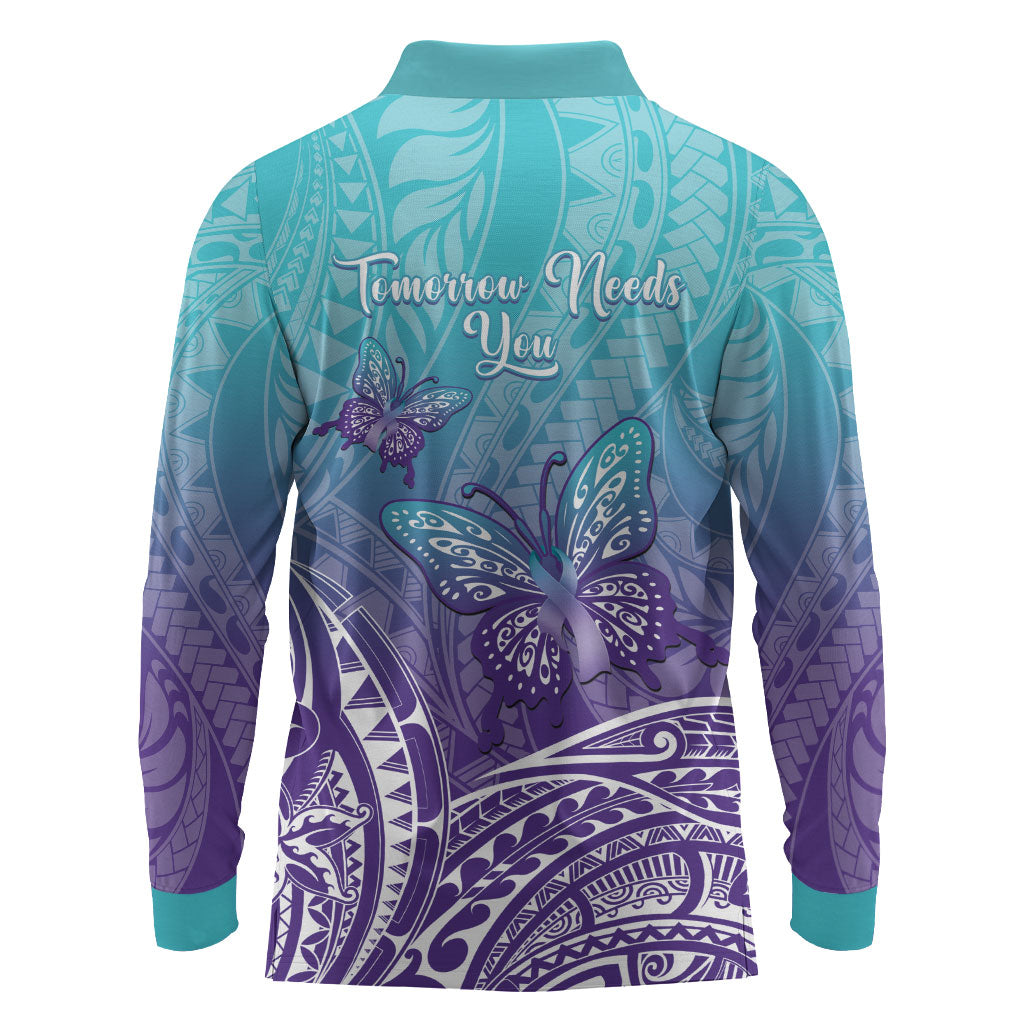 Polynesia Suicide Prevention Month Long Sleeve Polo Shirt Butterfly Purple And Teal Ribbon Tomorrow Needs You