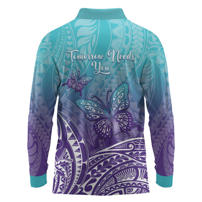 Polynesia Suicide Prevention Month Long Sleeve Polo Shirt Butterfly Purple And Teal Ribbon Tomorrow Needs You