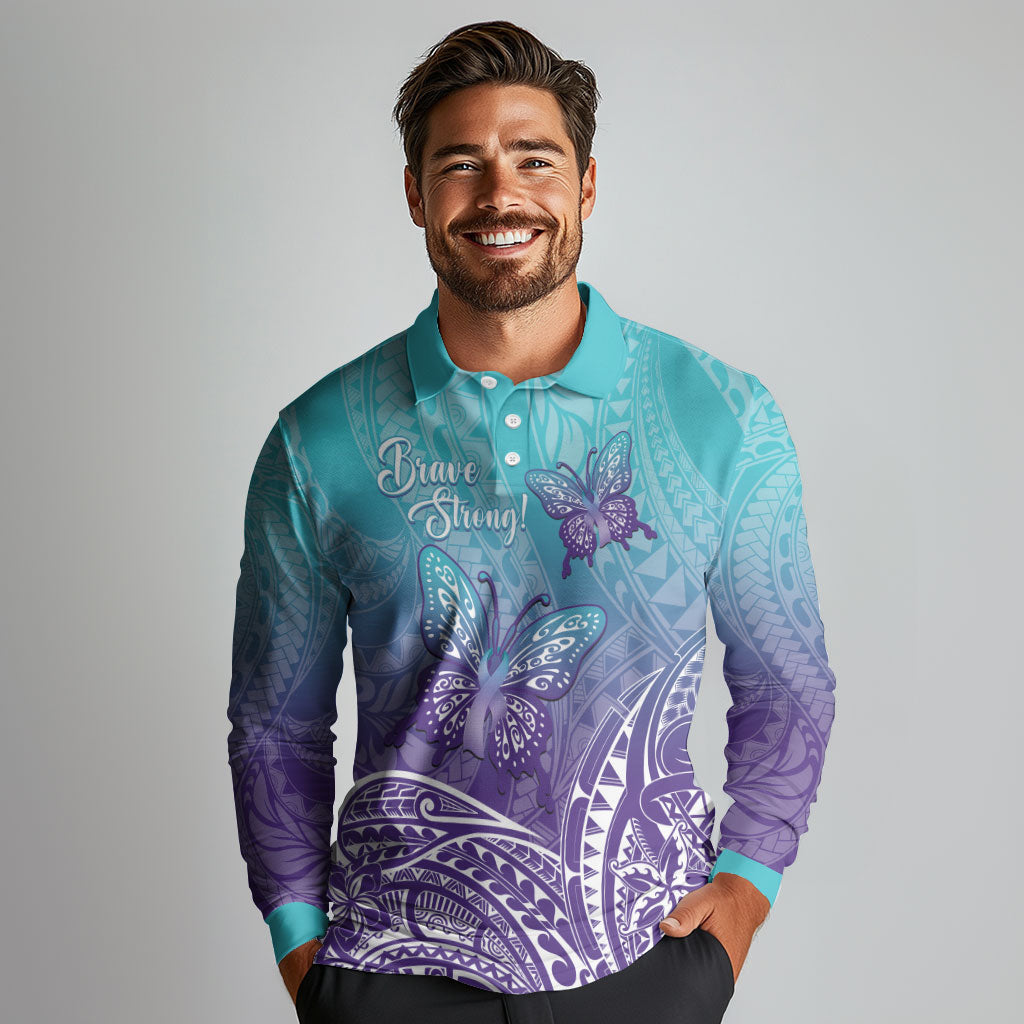 Polynesia Suicide Prevention Month Long Sleeve Polo Shirt Butterfly Purple And Teal Ribbon Tomorrow Needs You