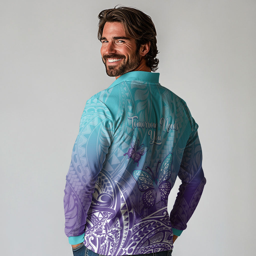 Polynesia Suicide Prevention Month Long Sleeve Polo Shirt Butterfly Purple And Teal Ribbon Tomorrow Needs You