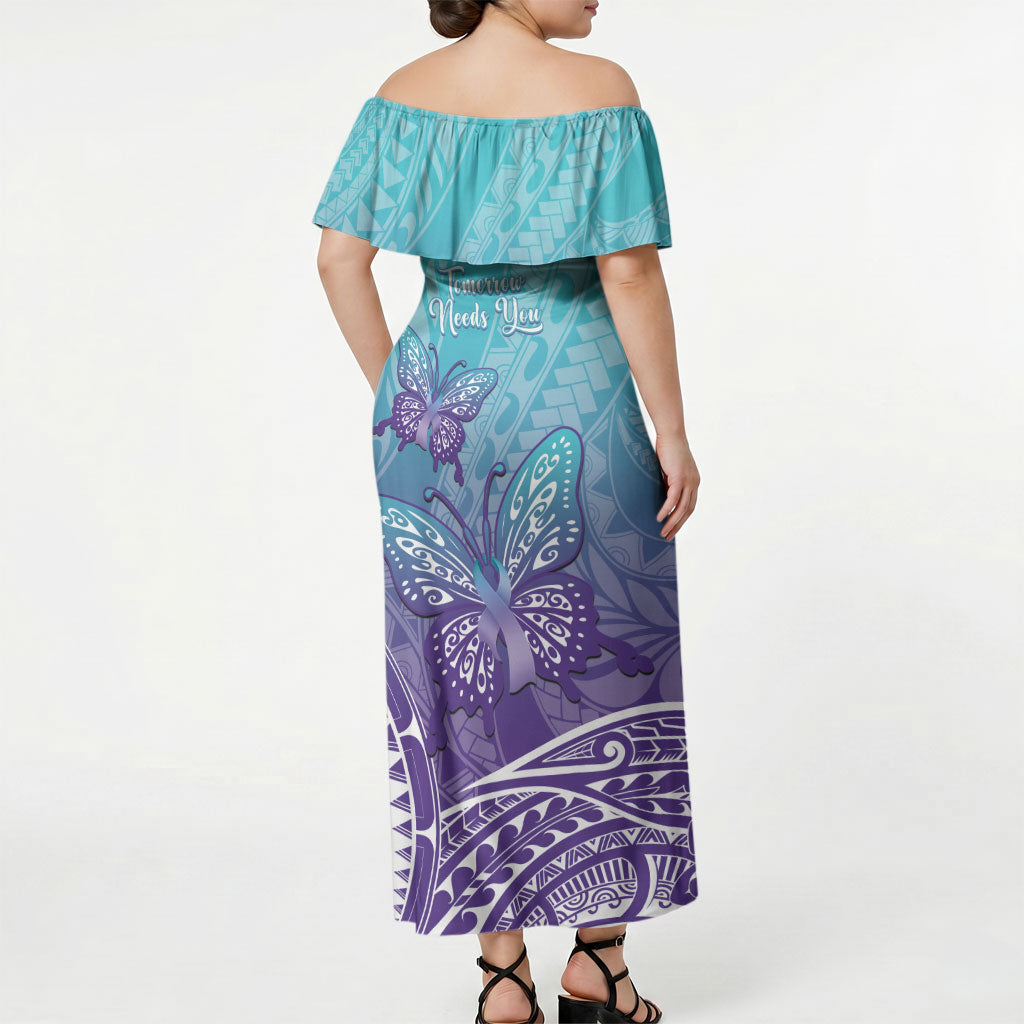 Polynesia Suicide Prevention Month Off Shoulder Maxi Dress Butterfly Purple And Teal Ribbon Tomorrow Needs You