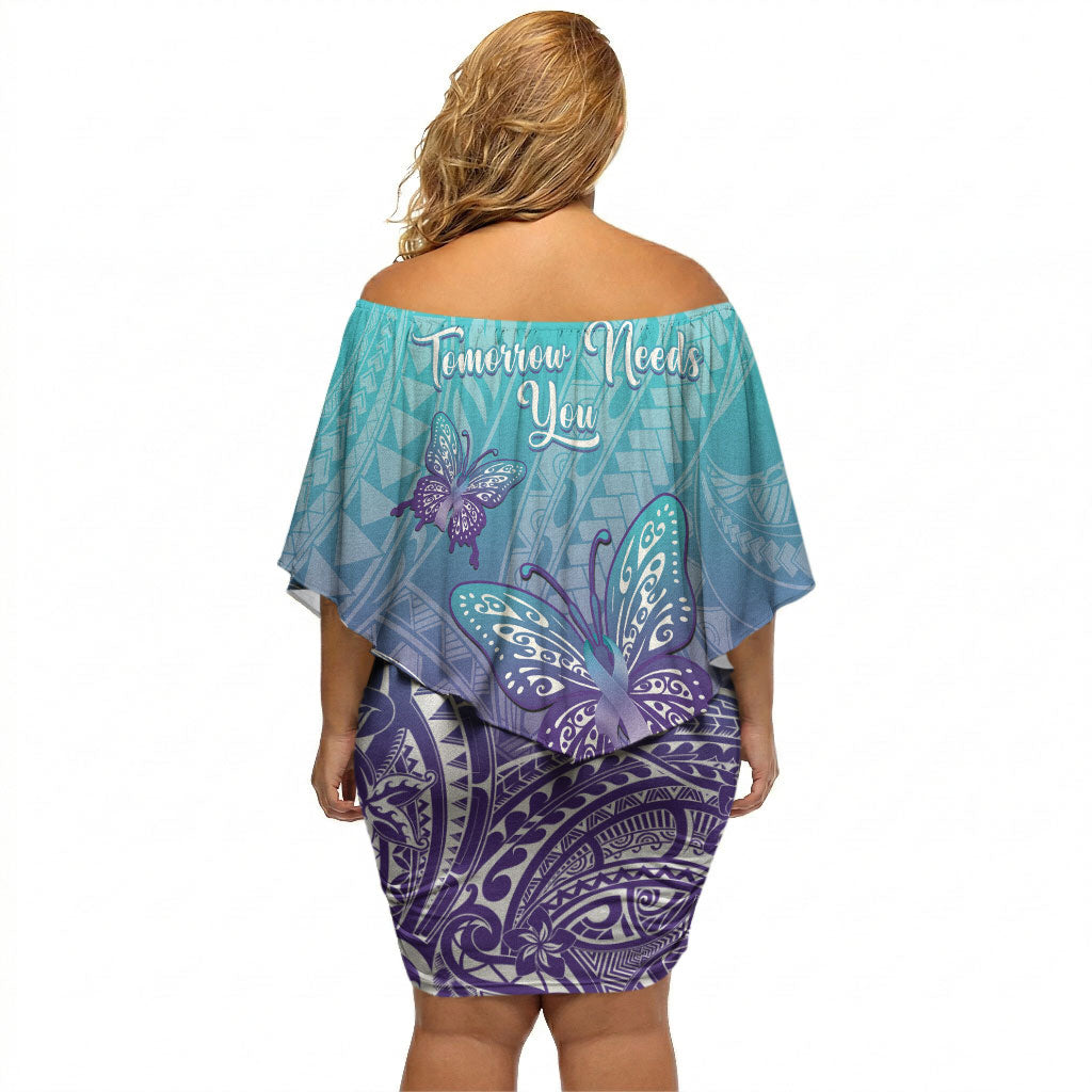 Polynesia Suicide Prevention Month Off Shoulder Short Dress Butterfly Purple And Teal Ribbon Tomorrow Needs You