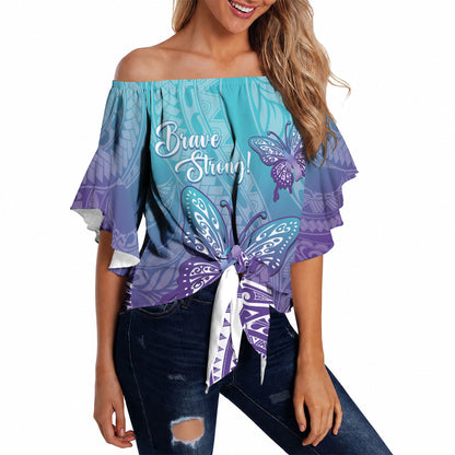 Polynesia Suicide Prevention Month Off Shoulder Wrap Waist Top Butterfly Purple And Teal Ribbon Tomorrow Needs You