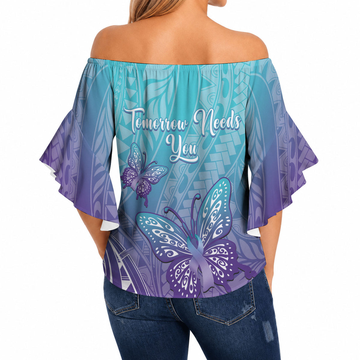 Polynesia Suicide Prevention Month Off Shoulder Wrap Waist Top Butterfly Purple And Teal Ribbon Tomorrow Needs You