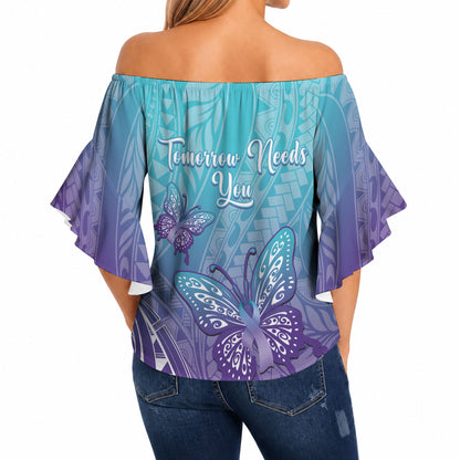 Polynesia Suicide Prevention Month Off Shoulder Wrap Waist Top Butterfly Purple And Teal Ribbon Tomorrow Needs You